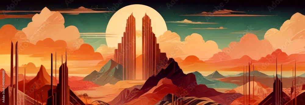 Poster a fantastical landscape with towering structures, a large moon, and a vibrant sky the scene is in a 