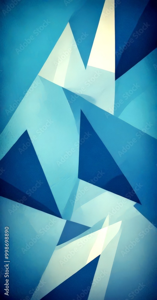 Poster a geometric abstract composition of overlapping triangular shapes in various shades of blue and white, creating a visually striking and dynamic pattern