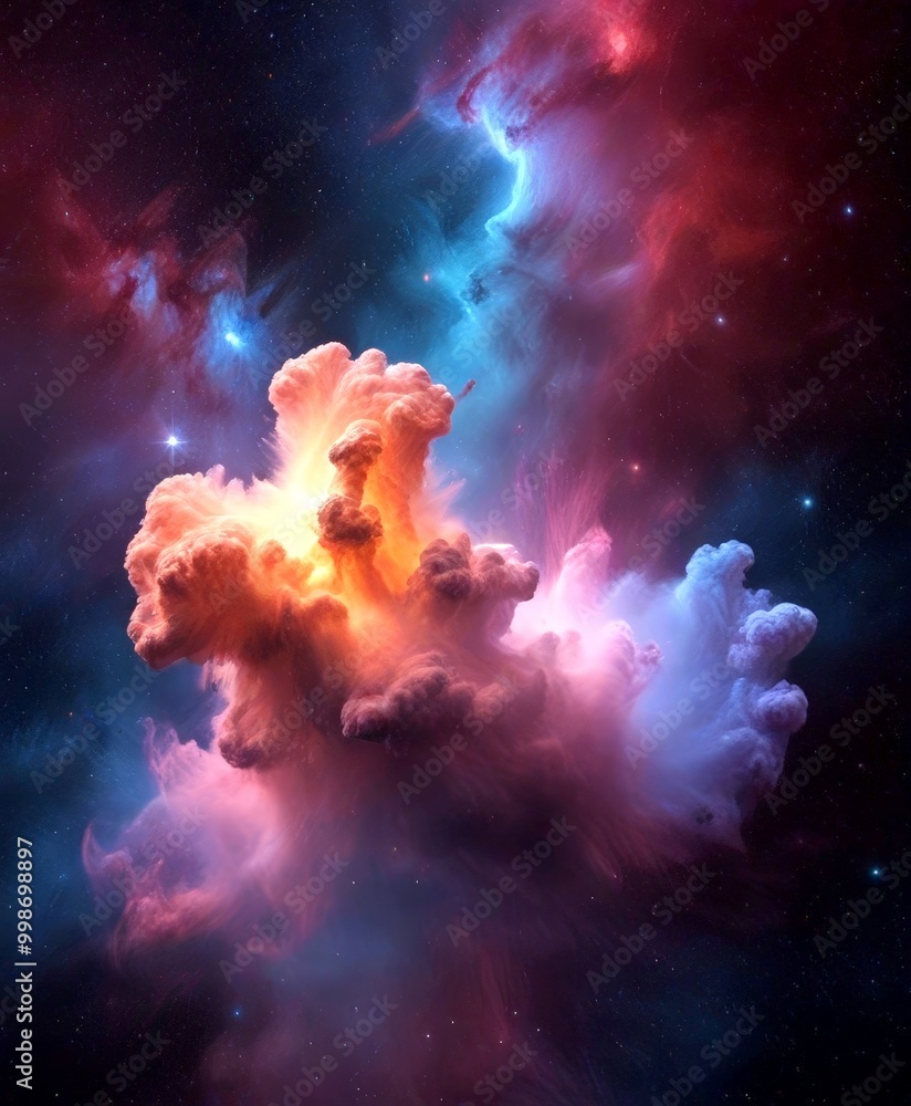 Poster a vibrant, colorful nebula with swirling clouds of gas and dust illuminated by the light of distant 