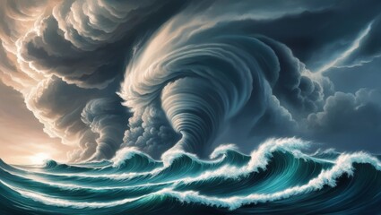 Massive hurricane swirls forming over the ocean with dark skies