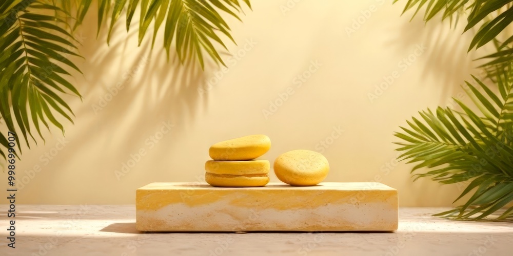 Aufkleber three yellow macarons are arranged on a rectangular yellow and white marble base, with a backdrop of