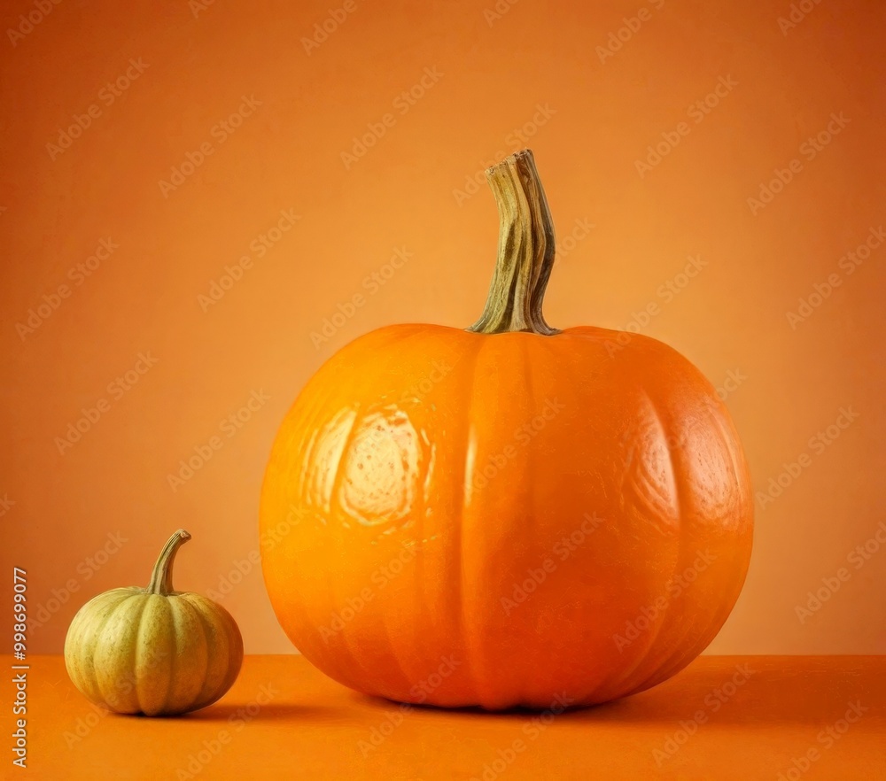 Poster two pumpkins of different sizes sit on an orange background, with the larger pumpkin on the right an