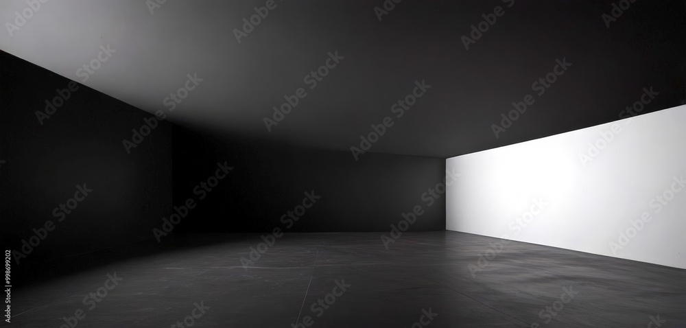 Poster a minimalist interior space with a stark contrast between the dark and light walls, a stark white fl