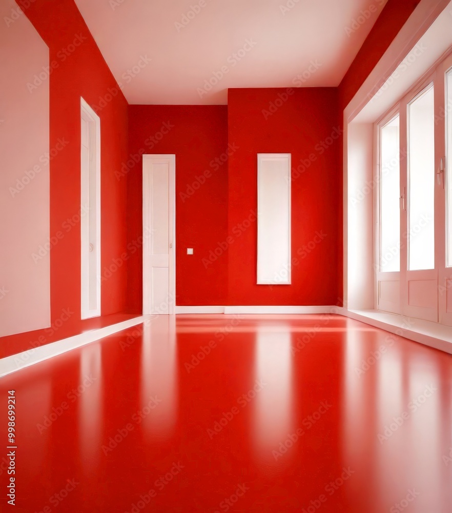 Poster a bright, empty room with red walls and white trim, featuring a large window and two white doors