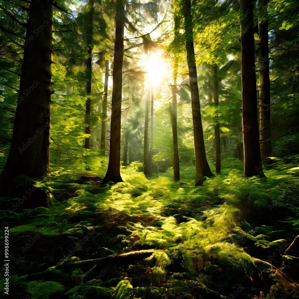 Poster a serene forest scene with sunlight filtering through the trees, casting dappled shadows and highlig
