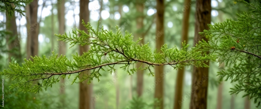 Leinwandbilder a close-up view branch with green leaves in a forest, with the background blurred to emphasize the b