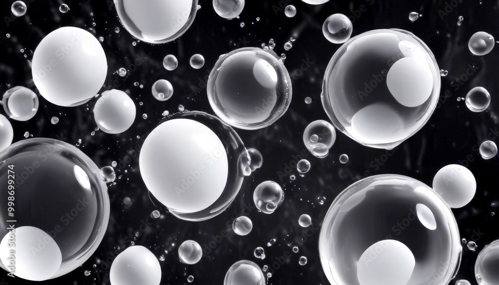 Aufkleber a close-up view of numerous transparent bubbles floating in a dark background, creating a visually s