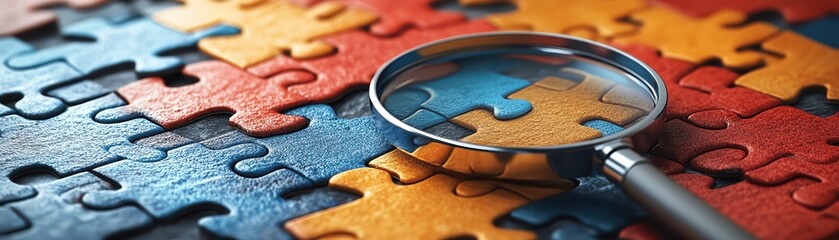 3D magnifying glass over shifting puzzle pieces, strategic analysis