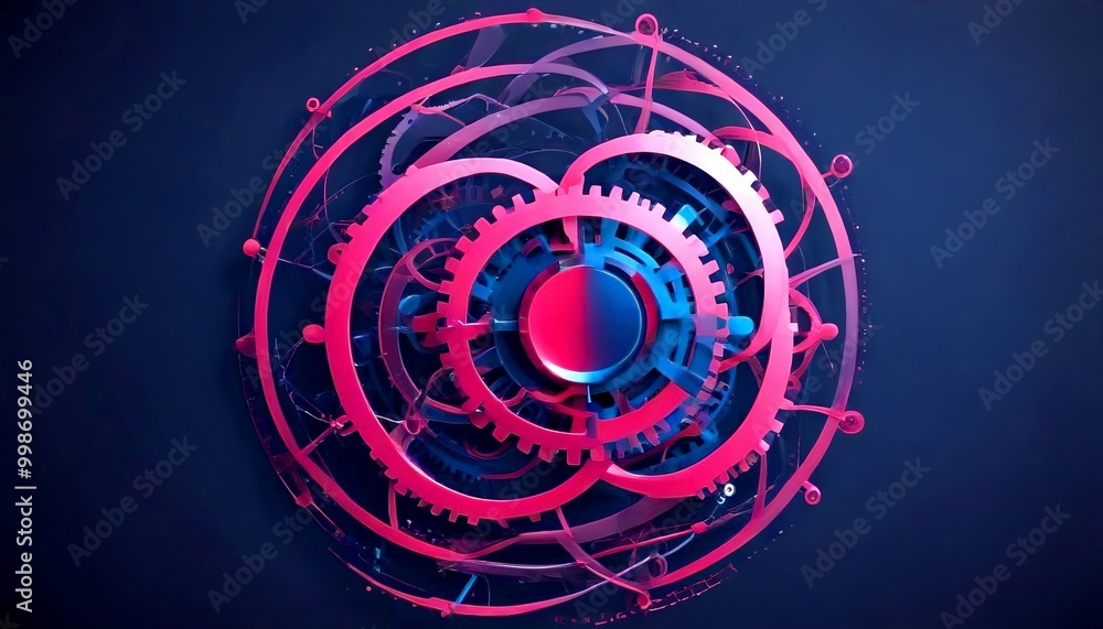 Poster a complex, abstract design composed of various gears and cogs in shades of pink and blue, set against a dark background