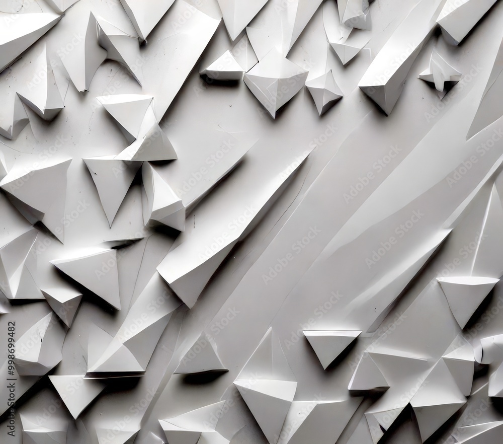 Poster a white, abstract pattern composed of numerous triangular shapes arranged in a grid-like fashion, cr
