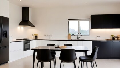 A modern kitchen with a sleek black and white color scheme features a dining table with four black chairs, a sink, a refrigerator, and a window overlooking the outdoors