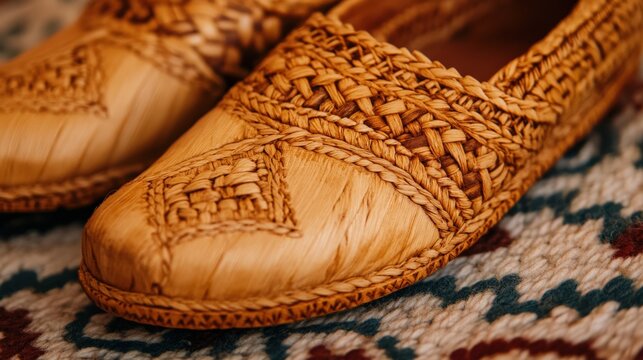 Intricate handwoven lapti shoes on patterned surface for cultural display