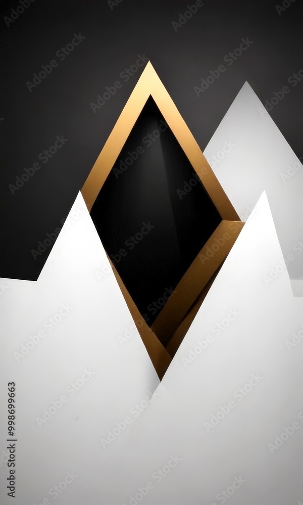 Poster a geometric composition with a black diamond-shaped element in the center, surrounded by white trian