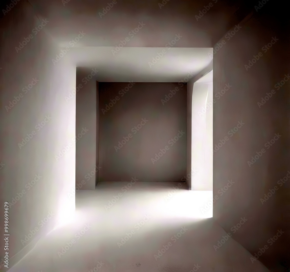 Poster a minimalist white room with a large window on the right side, creating a sense of depth and perspec