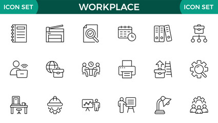 Workplace web icons in line style. Employ, conference, project, document, business, work, support, contact us, productivity strategy, collection.