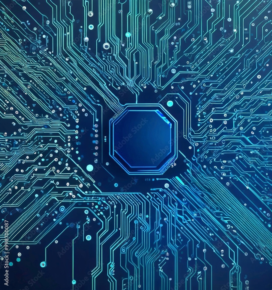Poster a detailed view circuit board, with a central blue octagonal element surrounded by a complex network of interconnected lines and dots in shades of blue