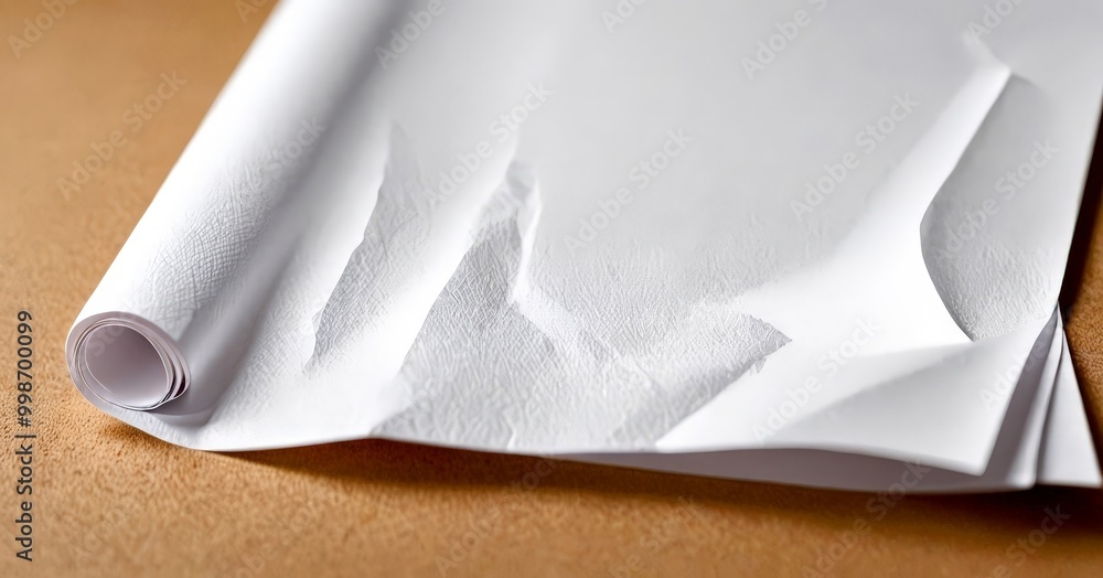 Aufkleber a close-up view piece of white paper with a crumpled edge, resting on a wooden surface