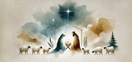 Watercolor painting representing Nativity scene in Bethlehem. Christmas scene illustration showing holy family baby Jesus in the manger Joseph and Mary. Wallpaper or banner copy space © melita