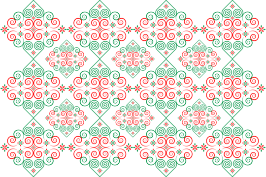 Hmong ethnic fabric patterns are spiral lines connected in shapes and flowers, which combine traditional and modern designs, used in clothing design.