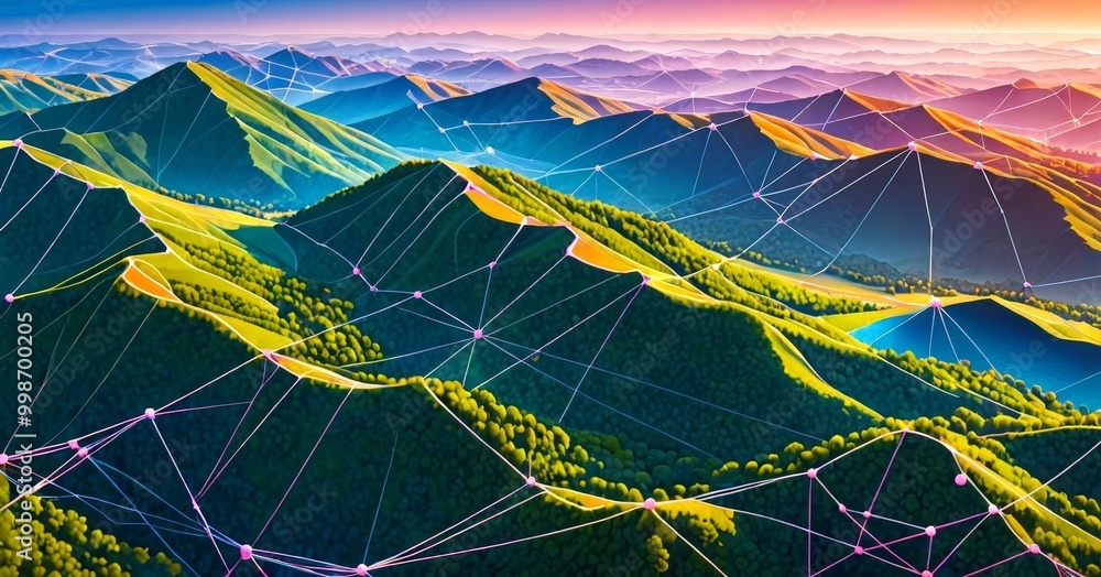 Poster a mountainous landscape with a network of interconnected lines and dots, suggesting a digital or tec