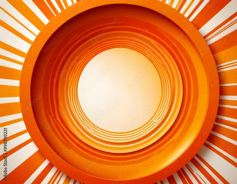 Poster a circular design with a white center and a gradient of orange and white radiating lines surrounding it, creating a sun-like effect