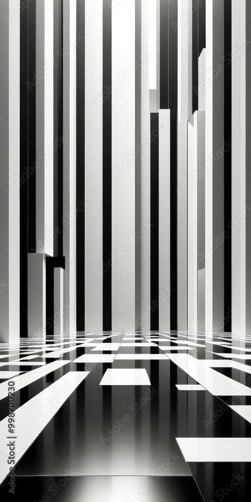 Aufkleber a striking black and white composition, featuring a geometric pattern of vertical and horizontal lines that converge towards a central point The floor