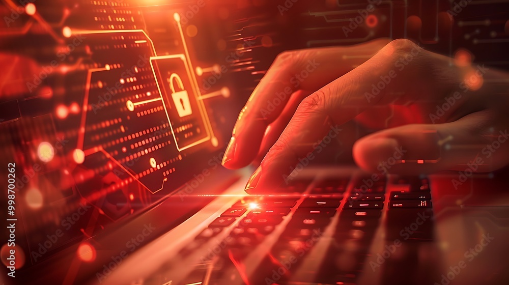 Poster cyber security concept. hand pressing keypad lock on laptop keyboard