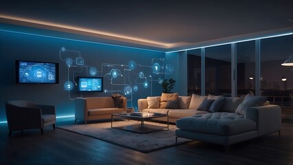 Naklejka premium Modern Smart living room interior with innovative technology maintaining connections.