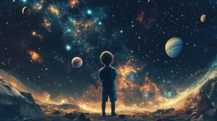 Child standing under a vast, starry sky, fascinated by the sight of twinkling stars, planets, and moons, sparking an interest in space science.