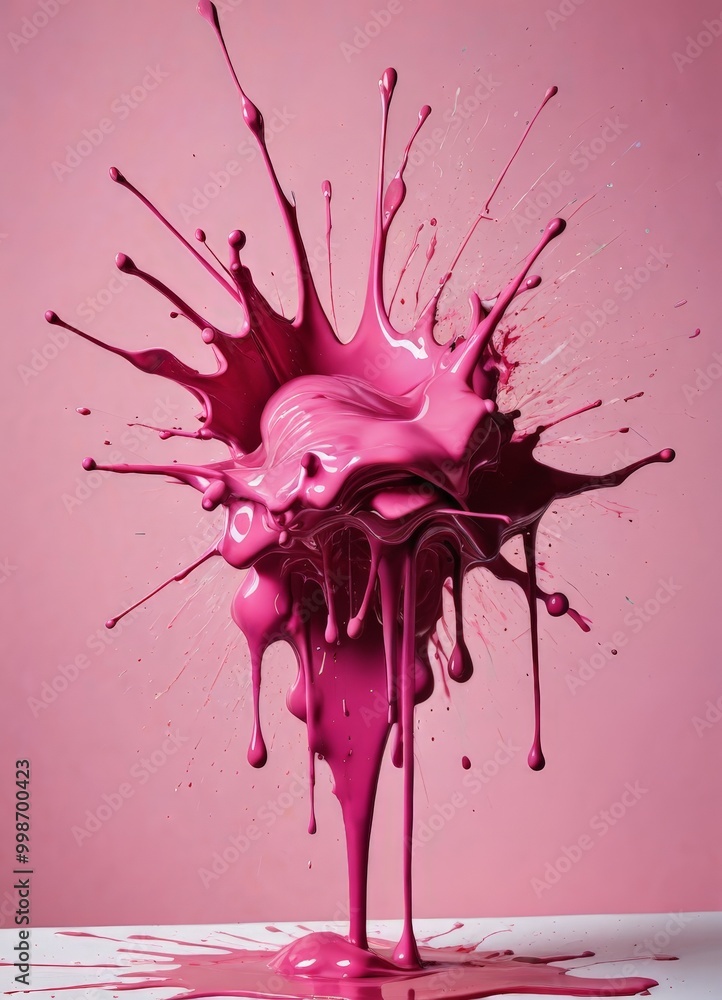 Poster a vibrant splash of pink paint, with droplets and splatters extending outward in a dynamic and visually striking composition.