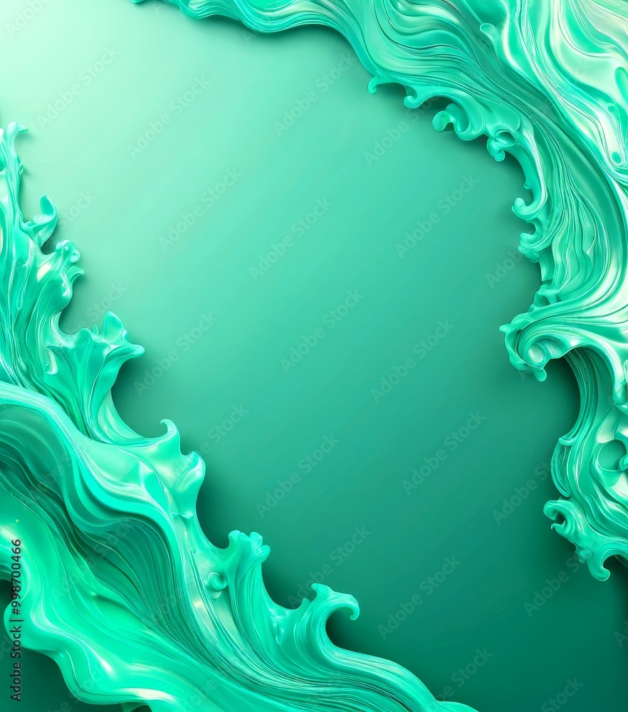 Poster a vibrant, turquoise-colored abstract design with a central, empty space surrounded by swirling, curving shapes that create a dynamic, wave-like pattern.