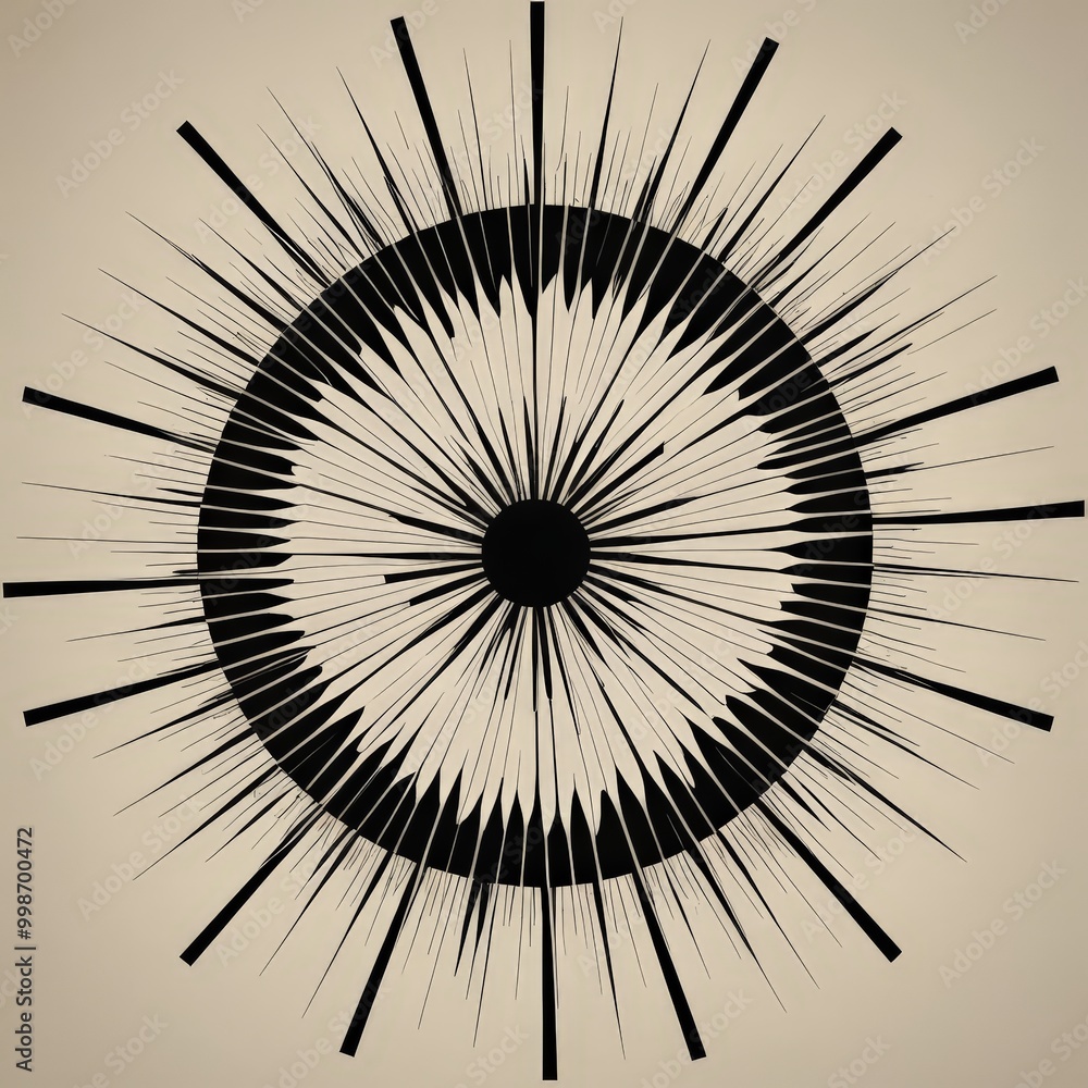 Poster a striking abstract design composed of radiating lines and a central black circle, in black and whit