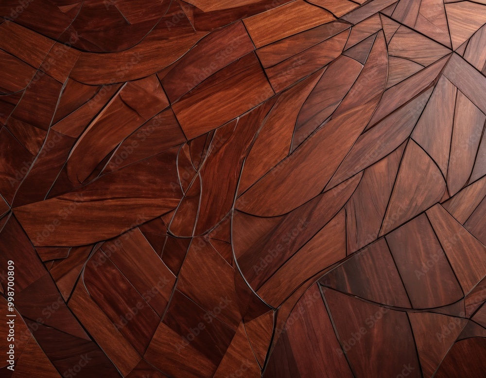 Aufkleber a close-up view wooden surface composed of irregularly shaped wooden planks arranged in a mosaic pattern The planks vary in color and texture, creating a visually