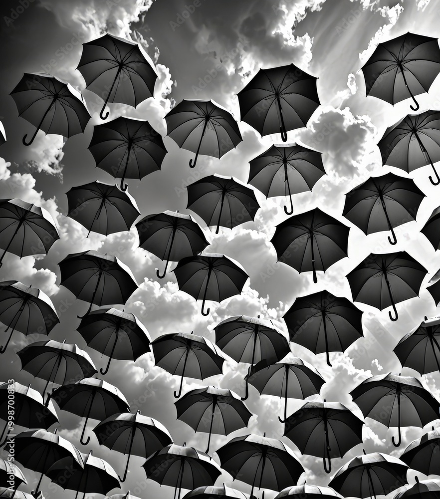 Poster a group of umbrellas in black and white, floating in a cloudy sky