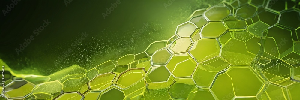 Poster a close-up view complex, abstract pattern composed of numerous hexagonal shapes in various shades of green, creating a vibrant and dynamic visual effect