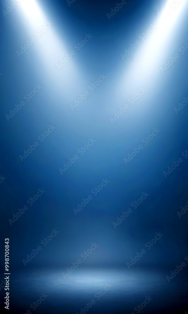 Poster a dramatic lighting setup with two spotlights shining down on a dark blue background, creating a sen