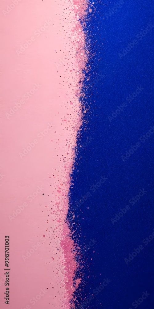 Poster a vertical split pink and blue background, with the pink section on the left and the blue section on