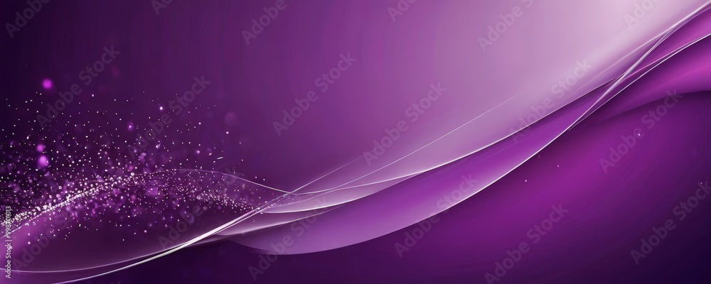 Poster a purple gradient background with a wave-like pattern and sparkling particles, creating a visually s