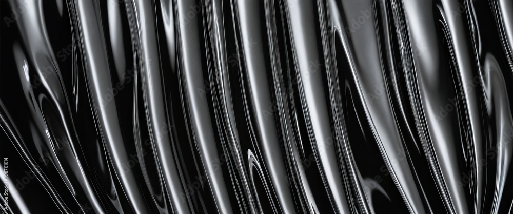 Poster a close-up view shiny, metallic surface with a repeating pattern of curved lines, creating a sense of movement and fluidity
