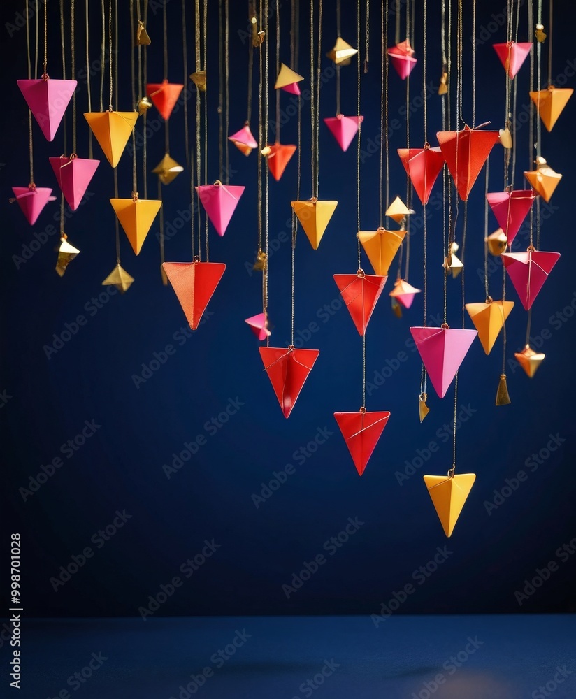 Aufkleber a collection of colorful paper triangles, varying in size and shape, are suspended from strings agai