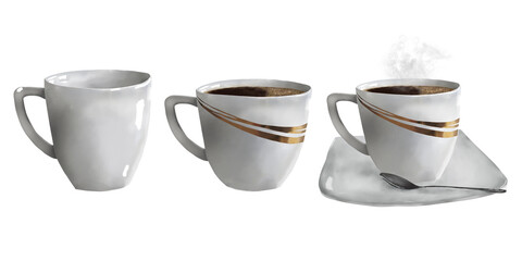 A white coffee mug and a shiny spoon. A set of porcelain cups with a gold border. Digital watercolor illustration. Elegant cup on saucer For tea and coffee theme. Morning coffee and evening tea