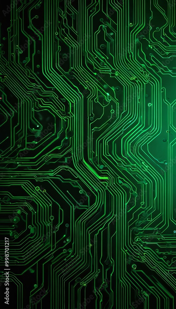 Poster a close-up view circuit board with a complex network of green and black lines and traces