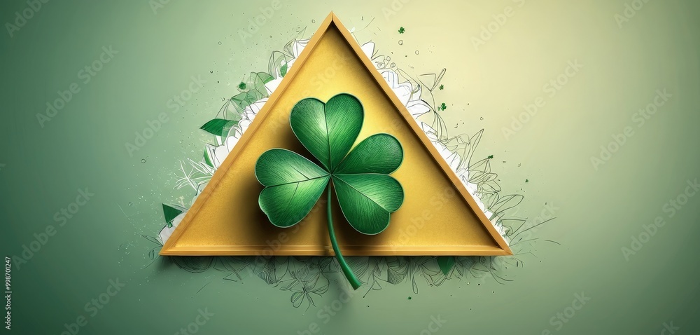 Poster a green clover with four leaves is centered within a golden triangle, surrounded by a floral pattern