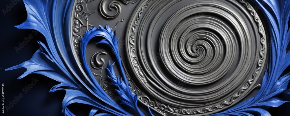 Aufkleber a close-up view of a spiral design on a dark background, with a blue and silver color scheme.