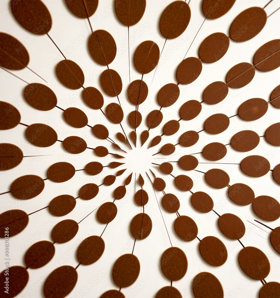 Fototapete A close-up view circular arrangement of brown felt circles, with a radial pattern of lines connecting them, creating a sense of depth and movement