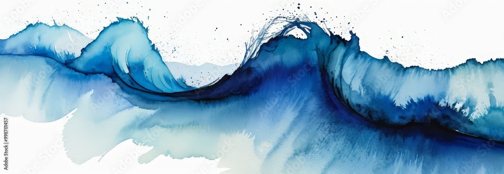 Poster a watercolor painting wave, in shades of blue and white the wave is depicted with a large crest and 