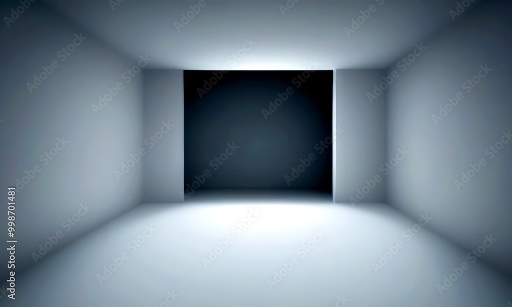 Poster an empty, minimalist room with a large, open doorway at the center, illuminated by a single light so
