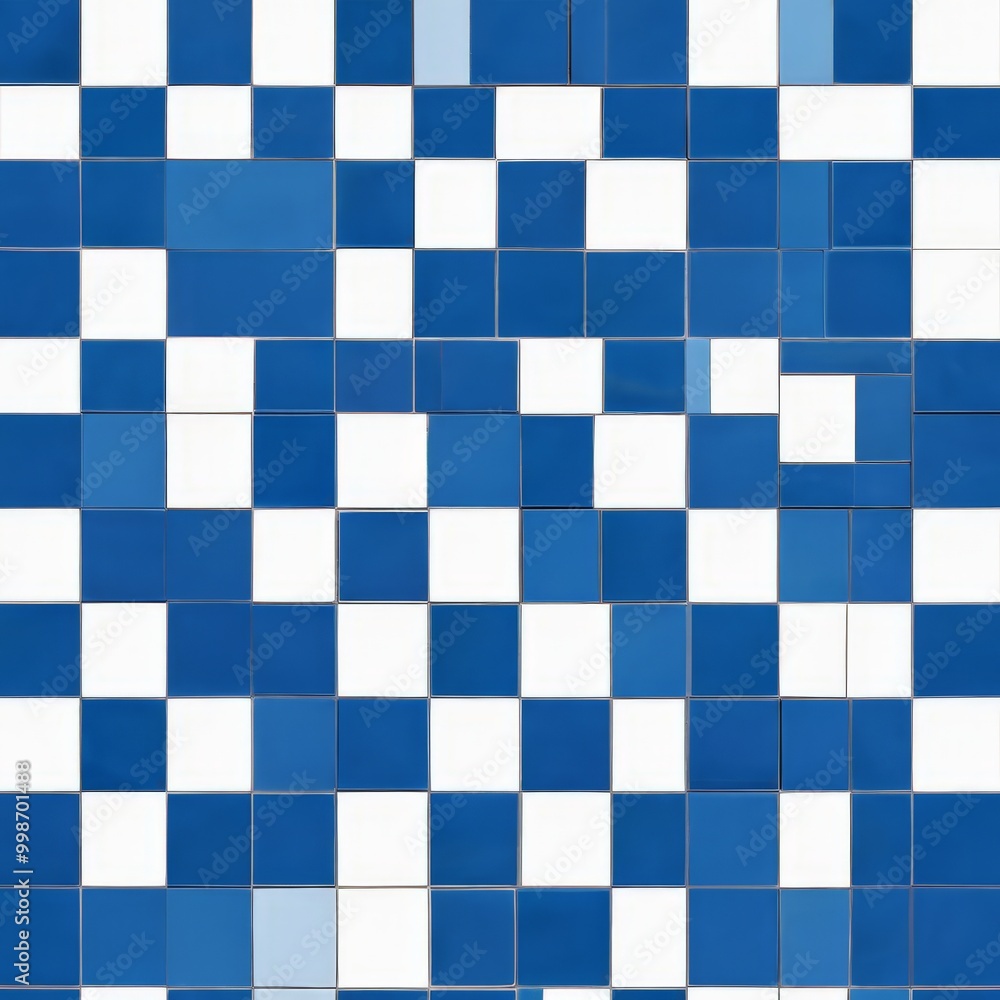 Poster a grid of blue and white tiles, with the blue tiles being darker and the white ones lighter, creatin