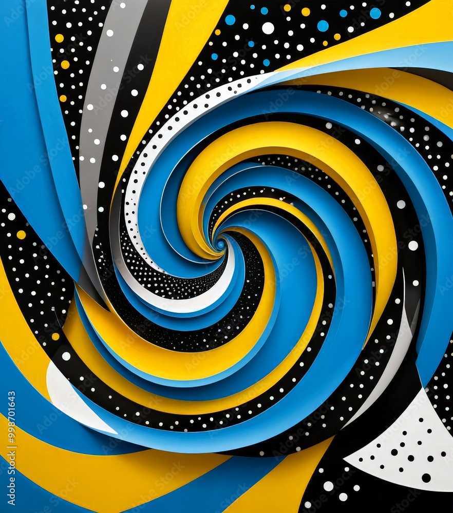 Poster a spiral pattern composed of overlapping blue, yellow, and black shapes, creating a visually striking and abstract design
