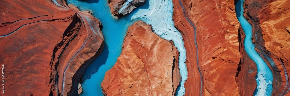 Poster aerial view canyon with a striking blue and orange color pattern, featuring a winding river and a gl